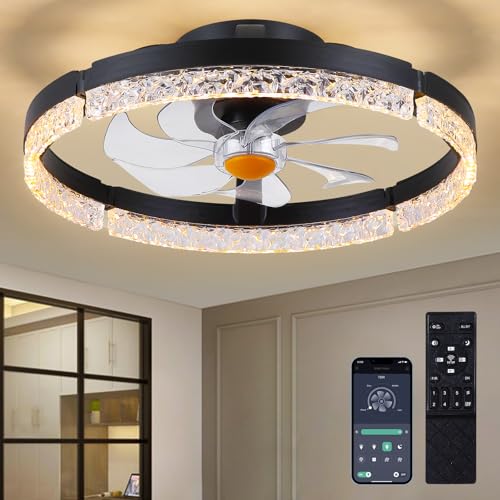 Image of Mpayel 20 inch Ceiling Fans with Lights and Remote, Modern Low Profile Fandelier Ceiling Fan with Light, Quiet DC Motor, 6 Speeds, 3CCT Dimmable Bladeless Flush Mount LED Fan Light for Bedroom