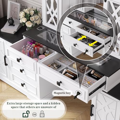 Image of FREDEES Large Vanity Desk with Mirror and Lights, Farmhouse Makeup Vanity with Jewelry Armoire Cabinet Storage, White Dresser Table Gifts for Wife /Girlfriends /Women /Lady /Girl