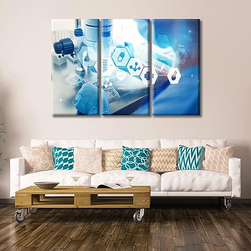 Image of 3 Panels Modern Medical Technologies Concept Wall Art for Living Room Laboratory Research Microscope Art Prints Young Scientist Posters & Prints Stretched and Framed Ready to Hang (60 inch Wx40 H)