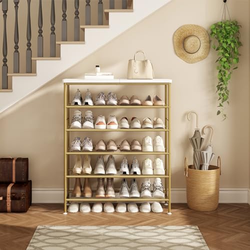 Image of SUOERNUO Shoe Rack Organizer 6 Tier for Closet Entryway Free Standing Metal Storage Shoe Shelf with MDF Top Board,Gold