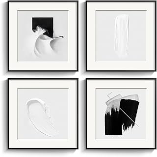 4 Panels Framed Abstract Black and White Wall Art Set, Modern Minimalist Line Print Home Decor, Canvas Pictures Paintings for Living Room Bedroom Bathroom Entryway and Dining Room 12x12 Inches