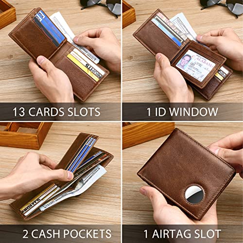 Image of Swallowmall AirTag Wallet Mens RFID Blocking Genuine Leather Bifold Men's Wallet For air tag with 1 ID Window 13 Card Holders CoffeeBrown(Airtag Not included)