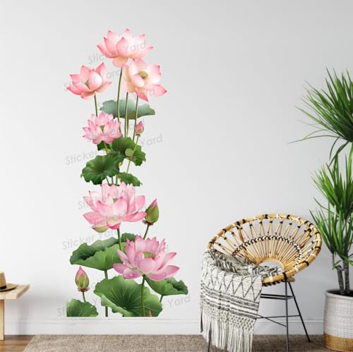 Image of Sticker Yard PVC Vinyl Green Lotus Flower Floral Self-Adhesive Wall Sticker for Home Decor /Decoration - Living Room, Bedroom, Kids Room (Multicolor,Size 41X95CM)