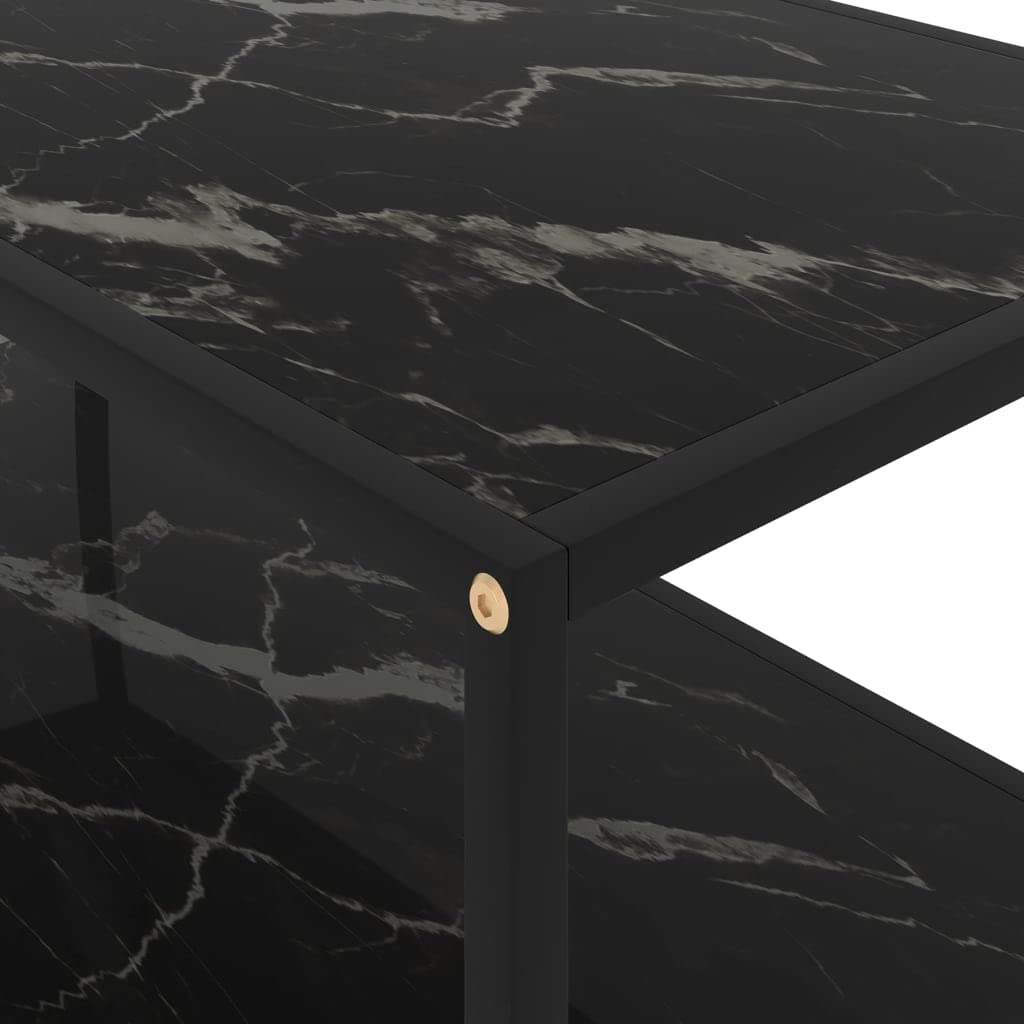 Mesa de centro negra 100 x 50 x 35 cm, vidrio templado con aspecto de mármol, diseño de 2 niveles, mesa de café moderna para salón, mesa auxiliar robusta de acero