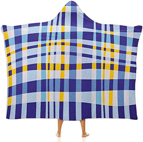 Throw Blankets, Yellow and Blue Wearable Hooded Blanket for Adults, Retro Scottish Checkered Tartan with Color Stripes, Soft Warm Cozy, 60 x 80inches, for Kids Adults Travel Throw Blankets