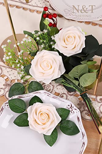 N&T Nieting Roses Artificial Flowers, 25Pcs Fake Flowers Foam Roses For Diy Wedding Bridal Bouquet Baby Shower Party Cake Wall Decoration, Cream #TOP4