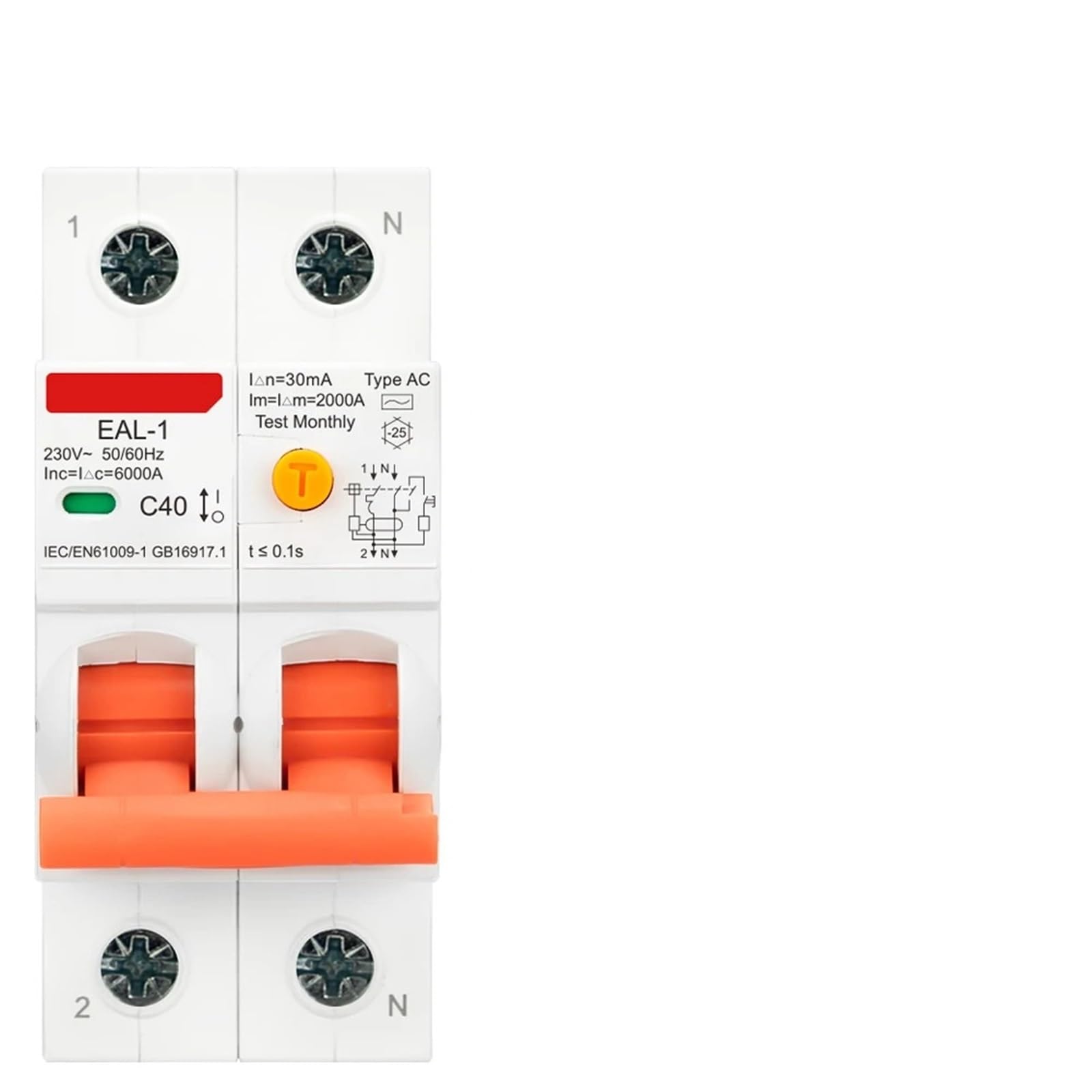 2P 30mA AC A B Type RCBO RCCB MCB Electronic Residual Current Circuit Breaker Over Short Current 1Pcs(Type A 30mA,40A)