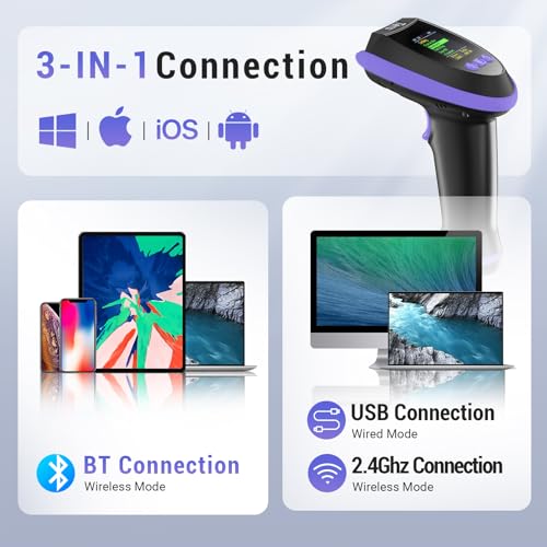 Image of Tera Barcode Scanner Wireless 2D with Stand: Pro Version Digital Setting Screen Keypad Works with Bluetooth 2.4G Wireless USB Wired Extra Fast Scanning Speed Handheld Bar Code Reader HW0009-Z Purple