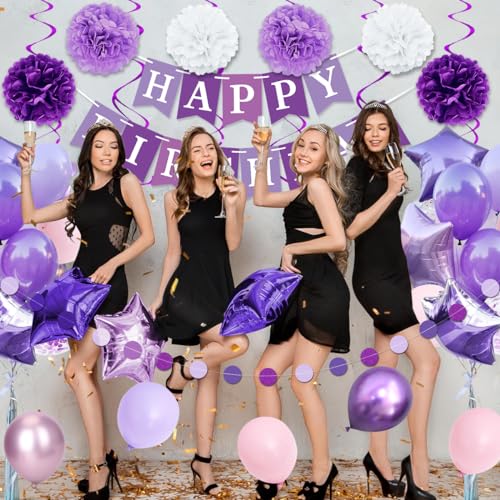 Miniatura 3 de Decoraciones De Cumpleaños Moradas Para Mujeres Y Niñas, Pompones De Globos De Pancarta De Cumpleaños Moradas, Decoraciones De Feliz Cumpleaños Con Guirnalda, Kit De Globos Morados Para Fiesta