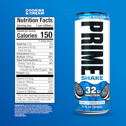 Image of PRIME Shakes, Cookies & Cream, 32g Protein Shake for Muscle Support & Recovery, Ultra-Filtered Milk, Lactose Free, Low Sugar, Low Calorie, Ready to Drink, 11 fl oz, 12 Pack
