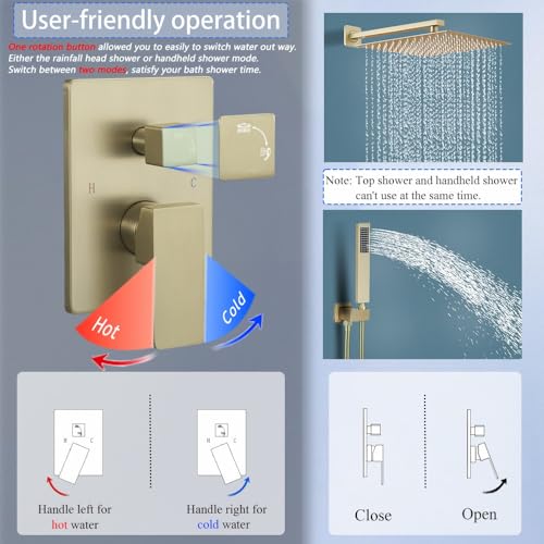 Image of Shower Faucet Set 16 Inch Wall Mount Rain Shower System, All Metal Shower Fixtures - Brushed Gold