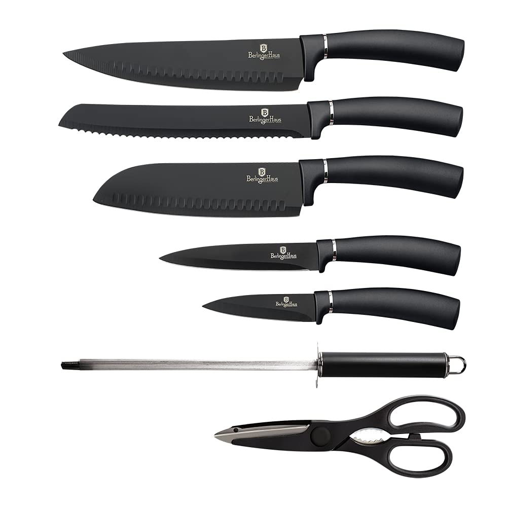 Berlinger Haus Carbon Pro Set de Couteaux de Cuisine Professionnel 8 Pièces, Acier Inoxydable, Revêtement Antiadhésif, Support, Couteau de Chef, Santoku, Acier à Aiguiser, Ciseaux, Design Metallic