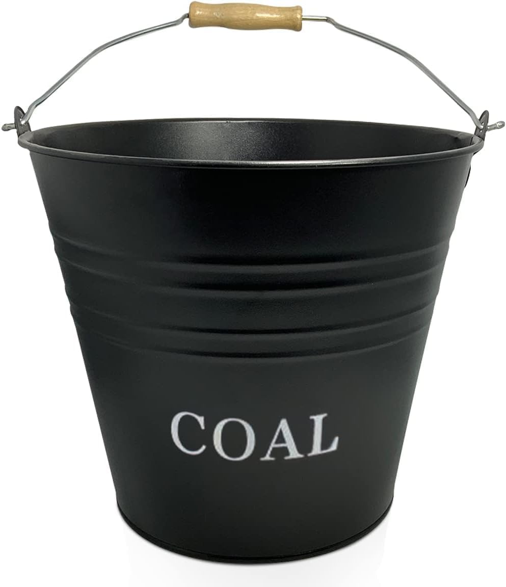 U&B Coal Steel Grey Ash Bucket With Lid And Wooden Handle - Fireside Fireplace Ash Bucket