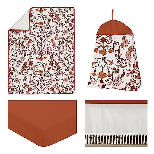 Image of Sweet Jojo Designs Ivory and Orange Boho Vintage Floral Girl Baby Crib Bedding Set Infant Nursery Room Blanket Fitted Sheet Skirt Diaper Stacker 4p Bohemian Rust Daisy Botanical Green Fringe Tassel