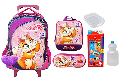 Kit Mochila Gatinha Rodinhas Infantil Menina Escolar