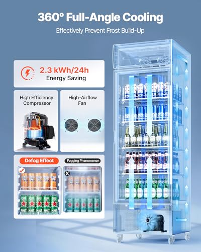Image of VEVOR Commercial Merchandiser Refrigerator, 15.9 Cu.Ft / 450 L Glass Door Display Refrigerator, Upright Beverage Cooler with Customizable Lightbox, 4 Adjustable Shelves & Soft LED Light for Home Shops