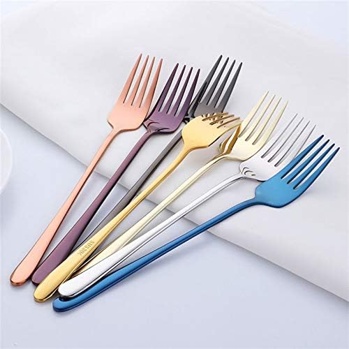Forks 8 Colors of Stainless Steel Fork Set Colorful Dessert Fork Long Handle Golden Blue Fork Set Hotel Party (Color : F) (H)