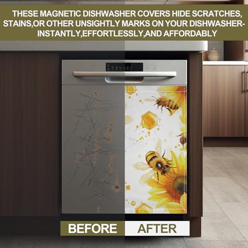 Image of Bees Flying Dishwasher Magnets Decorative Cover,Sunflowers Magnet Fridge Panel Decal for Home Kitchen Decor,23x26 in