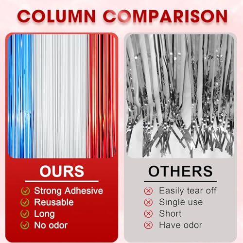 Image of Voircoloria 4 Pack Red White and Blue Foil Fringe Backdrop Curtains, Tinsel Streamers Party Decorations, Fringe Backdrop for Patriotic, Memorial Day, 4th of July, Independence Day