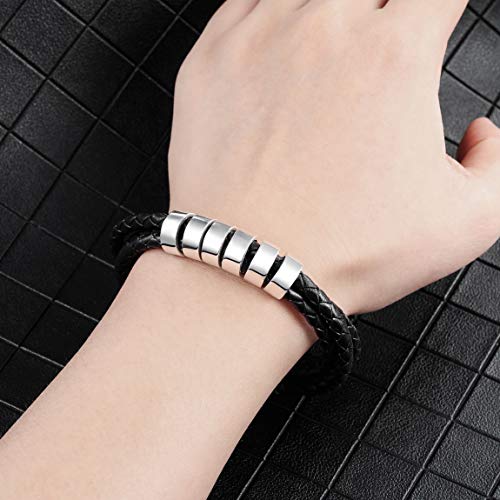 Viboos Personalized Bracelets Engraving 2-6 Names Customized Identification Id For Women Men Genuine Leather 925 Sterling Silver Beads Braided Cuff Bridesmaid Gifts Best Friend (6 Beads) #TOP4
