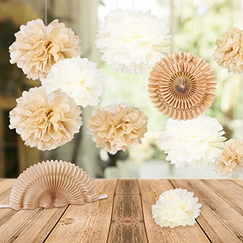 Beige Deko 12 Stk. Pompons Hellbraun Seidenpapier Pompoms Geburtstagsdeko Papier Fächer Braun Pom Poms Set für Hochzeit Babyparty Neutral