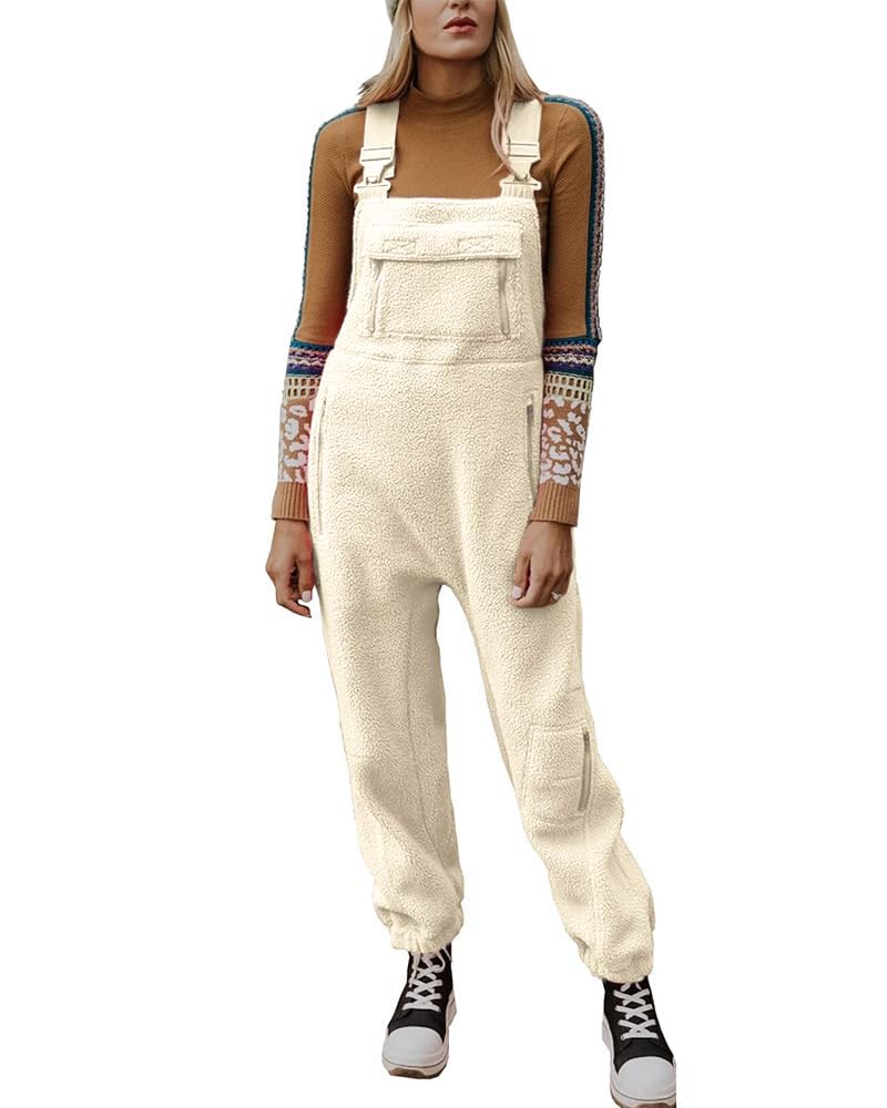 utcoco Womens Fuzzy Fleece Overall Jumpsuits Casual Loose Fit Winter Sherpa Bib Overalls with Pockets