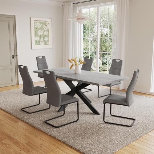 Essgruppen Für 4-6 Personen, Esstisch Ausziehbar, Moderner Grauer MDF-Holztisch, Geeignet Für Wohnzimmer, Küche, Versammlungen Mit Vielen Personen(130-170cm Tisch + 6 graue Stühle) – Bild 4