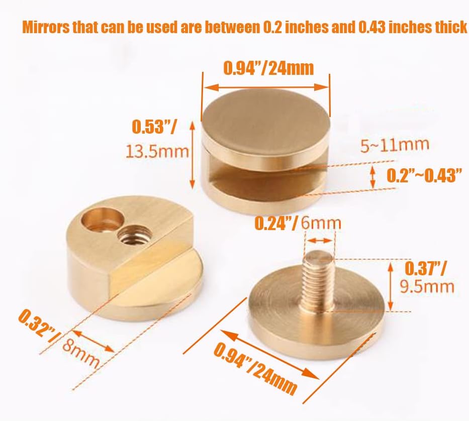 Qinwuwu Mirror Clips 5-11mm Thick Glass Clamps Wall-Mounted Mirror Hanger Gold Pure Copper Mirror Mounting Clips for Wall Bathroom Dresser 4 Pcs : Home & Kitchen
