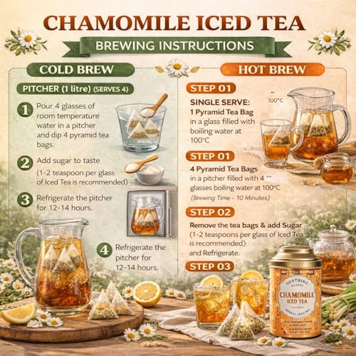 Image of Sancha Tea Boutique, Chamomile Iced Tea, 25 Pyramid Bags, Caffeine-Free Herbal Blend of Chamomile & Lemongrass Flowers, Refreshing & Sugar-Free