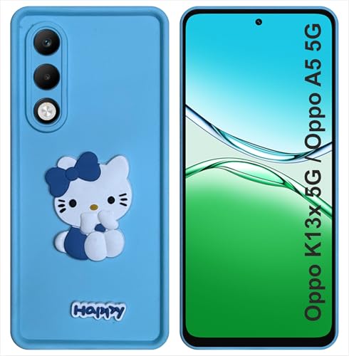 Image of Silicone Back Cover Case for Oppo K13x 5G / Oppo A5 5G | Cute Fun 3D Happy Kitty Design Silicone Case | Camera Protection Bump | Shockproof Back Cover Case for Oppo K13x (Sky Blue)