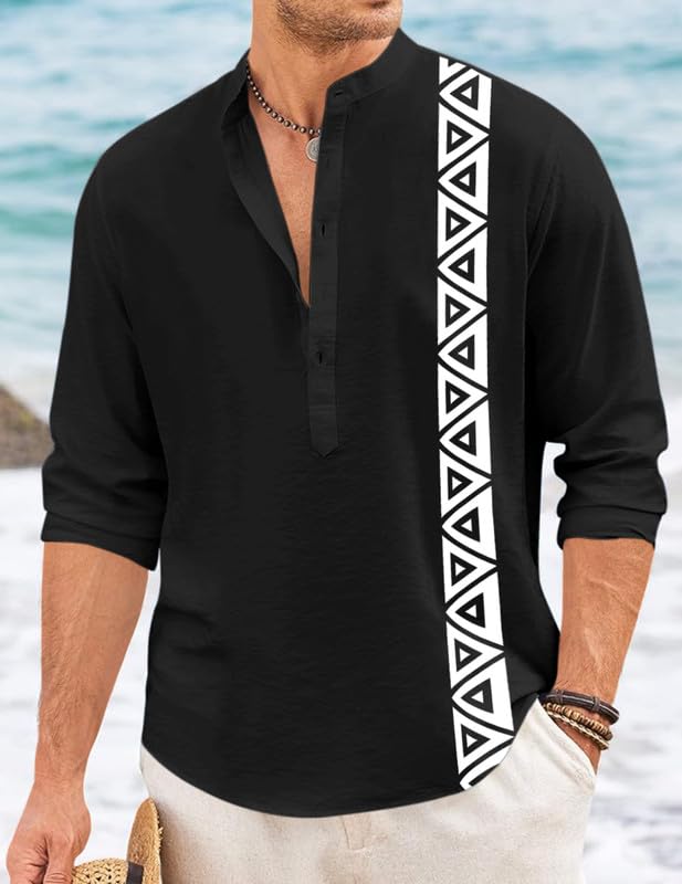 Image of FINIVO FASHION Men's Short Kurta with Printed Geometric Side Panel | Cotton Blend Full Sleeve Ethnic Topwear with Mandarin Collar | Stylish Indo-Fusion Kurta for Daily, Festive, or Casual Wear