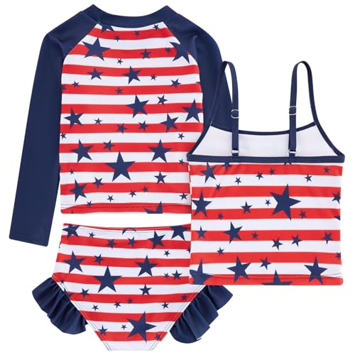 Image of Funnycokid Girls Swimsuit 3 Pieces Long Sleeve Rash Guard Set Tankini Bathing Suits Summer Kids Swimwear 3-10 Years