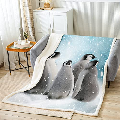 Loussiesd Penguin Sherpa Blanket Cute Penguin Plush Blanket Funny Animal Fleece Throw Blanket for Bed Sofa Kids Cute Polar Animal Pattern Warm Fuzzy Blanket Ultra Soft Double 60x79 Inch