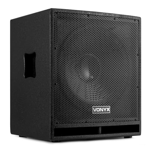 VONYX SWP15 Caisson de Basse Actif 800W, Phase Réglable, Entrée/Sortie XLR + RCA, Amplificateur Intégré, Insert sur la Face Supérieure pour Enceinte Active, Grave 15", Idéal pour DJ Mobile