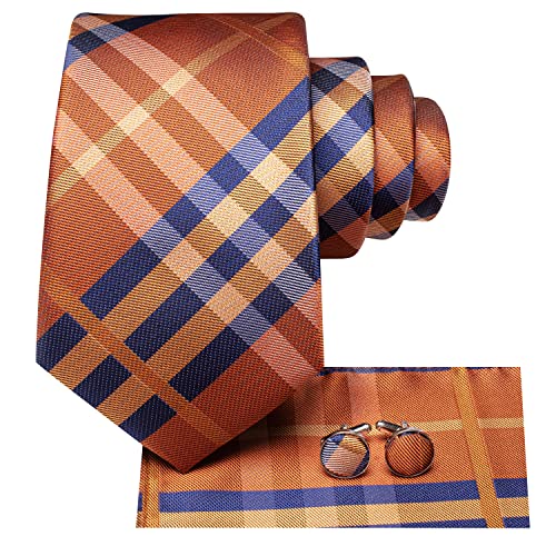 Image of Hi-Tie Mens Plaid Ties Classic Paisley Necktie with Handkerchief Cufflinks Set Business Stripe Tie