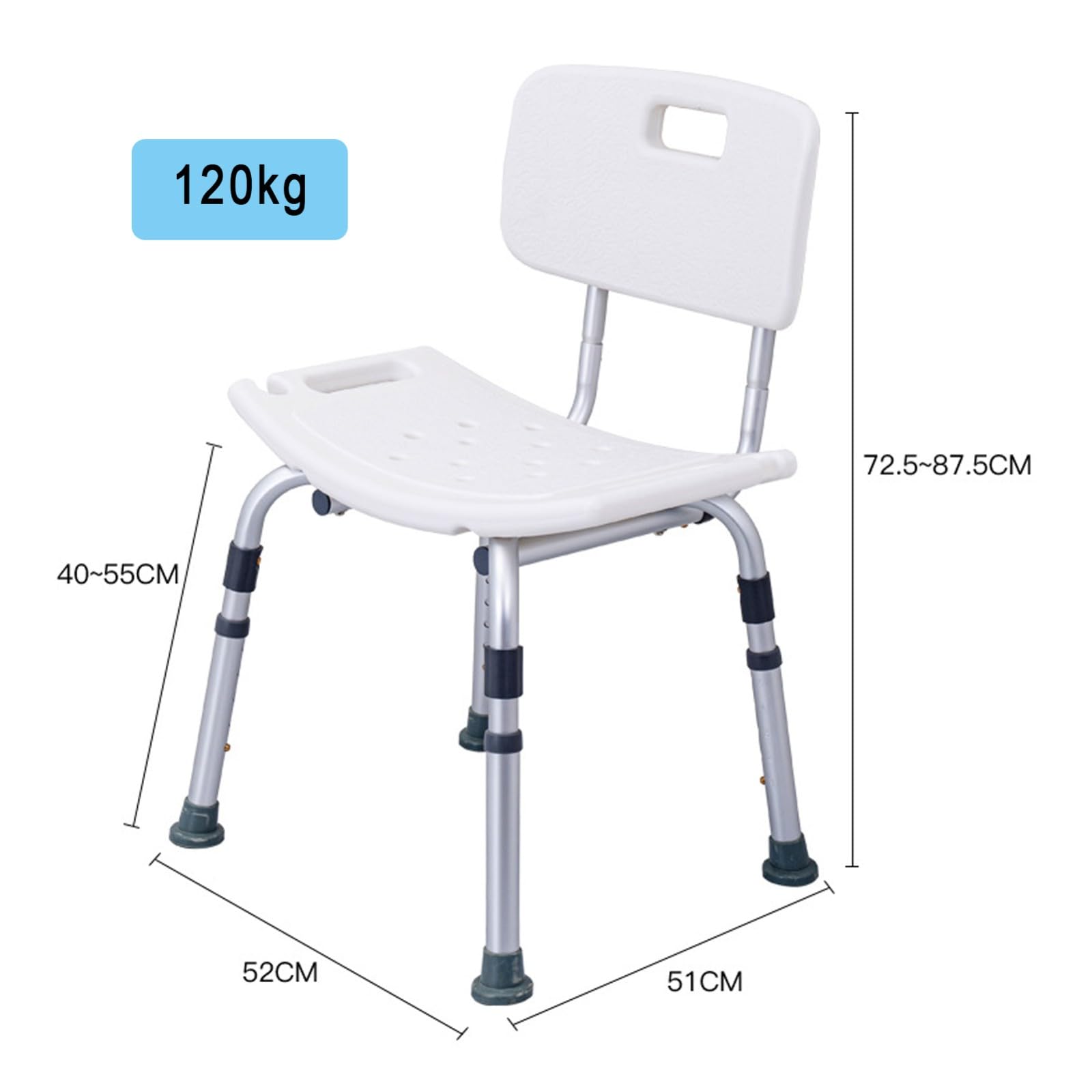 Silla De Ducha para Personas Mayores, Asiento De Ducha con Respaldo, Silla De Ducha Soporta hasta 120 Kg, Altura Regulable, Silla De Baño con Almohadillas Antideslizantes para Discapacidad