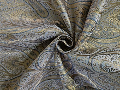 Tissu brocart de soie cachemire gris argenté jacquard doré de 111,8 cm BRO859