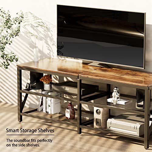 Katrawu Tv Stand For 60 65 Inch Tv, Long 55" Entertainment Center 3-Tier Tv Console Steel Frame Industrial Style Tv Cabinet With Metal Frame For Living Room, Rustic Brown Wooden And Black #TOP3