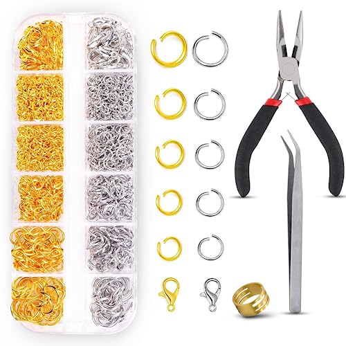 Anzlah Open Jump Rings and Lobster Clasps Jewelry Fixing Kit (1200 pcs Gold and Silver) with a Bent Nose Jump Ring Pliers, Tweezers, and a Jump Ring Opener (O Rings for Jewelry Making)
