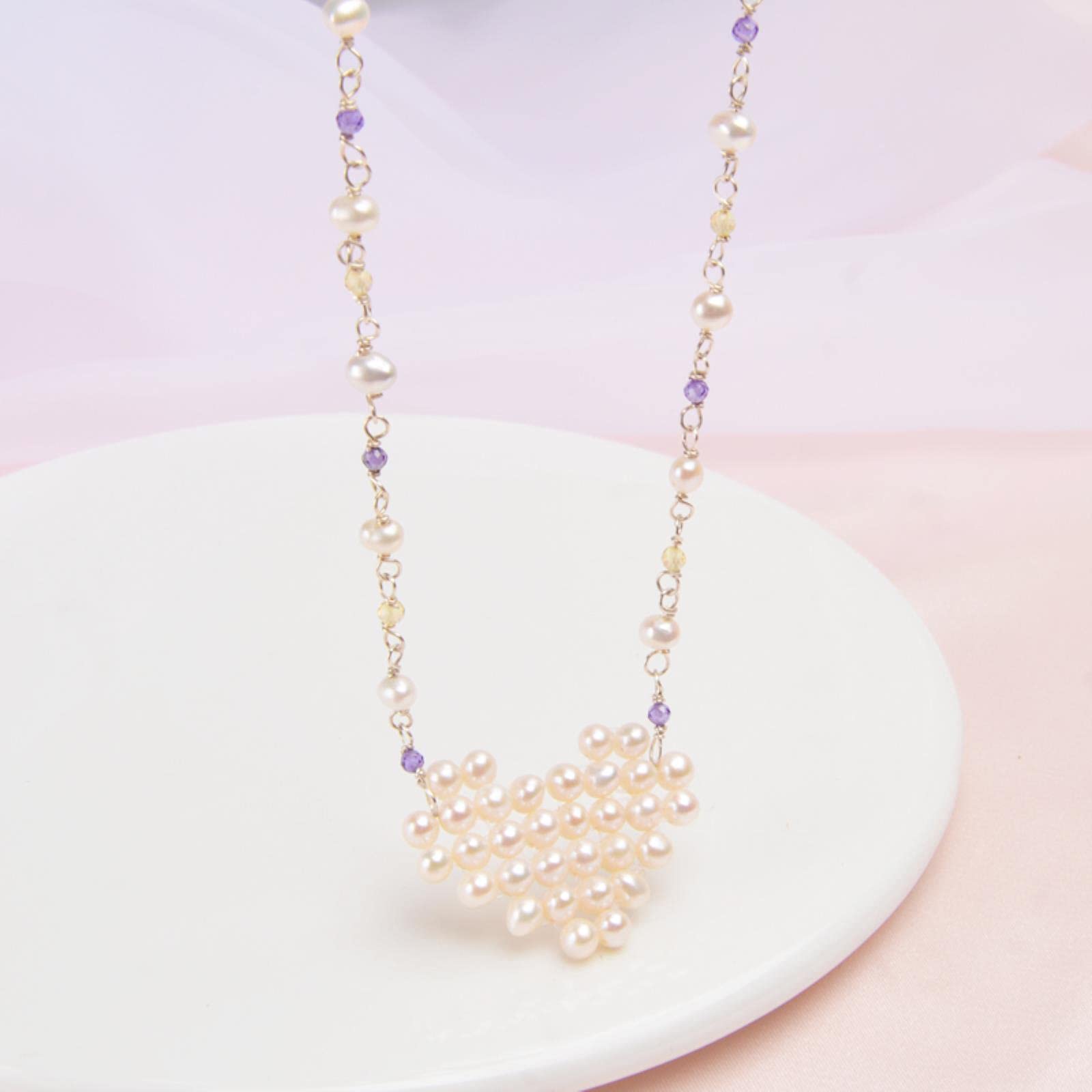SALAN Collar De Corazón De Perlas De Agua Dulce De Plata De Ley 925 Joyería Hecha A Mano De Cristal Natural para Regalo De Mujer