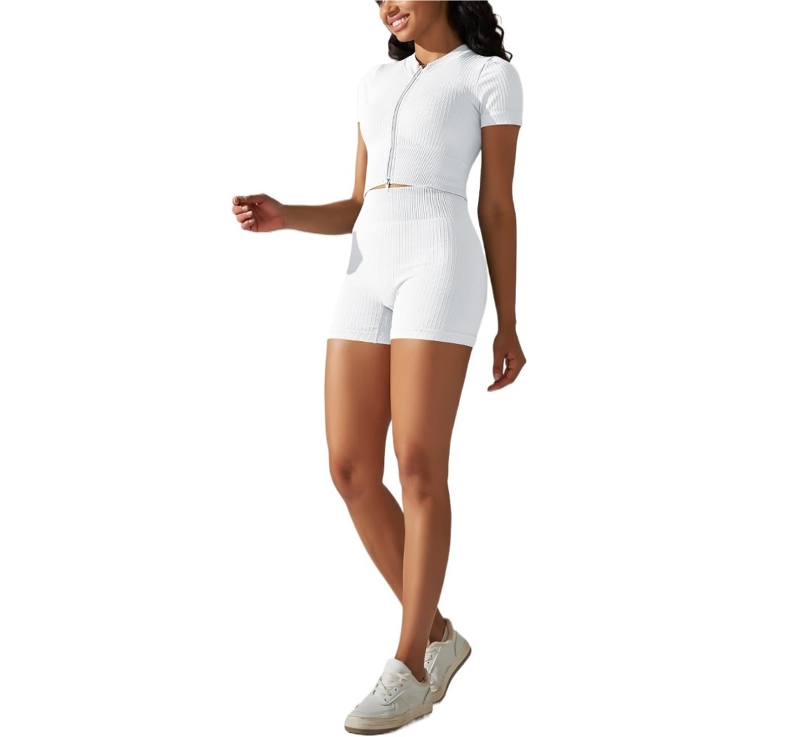 Sporstwear - Conjunto de yoga sin costuras para mujer, manga corta, con cremallera, pantalones cortos, ropa de gimnasio, fitness, chándal sin mangas, blanco, S