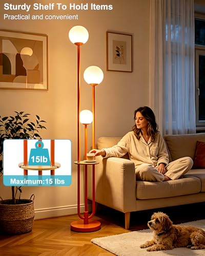 Image of Lightdot 63IN Orange Floor Lamp with Shelf Mid Century Modern Tall Standing Lamps with 3000K Warm White Bulb Included Dimmable Globe Floor Lamp with 5Lbs Heavy Base for Living Room /Party /Corner Decor