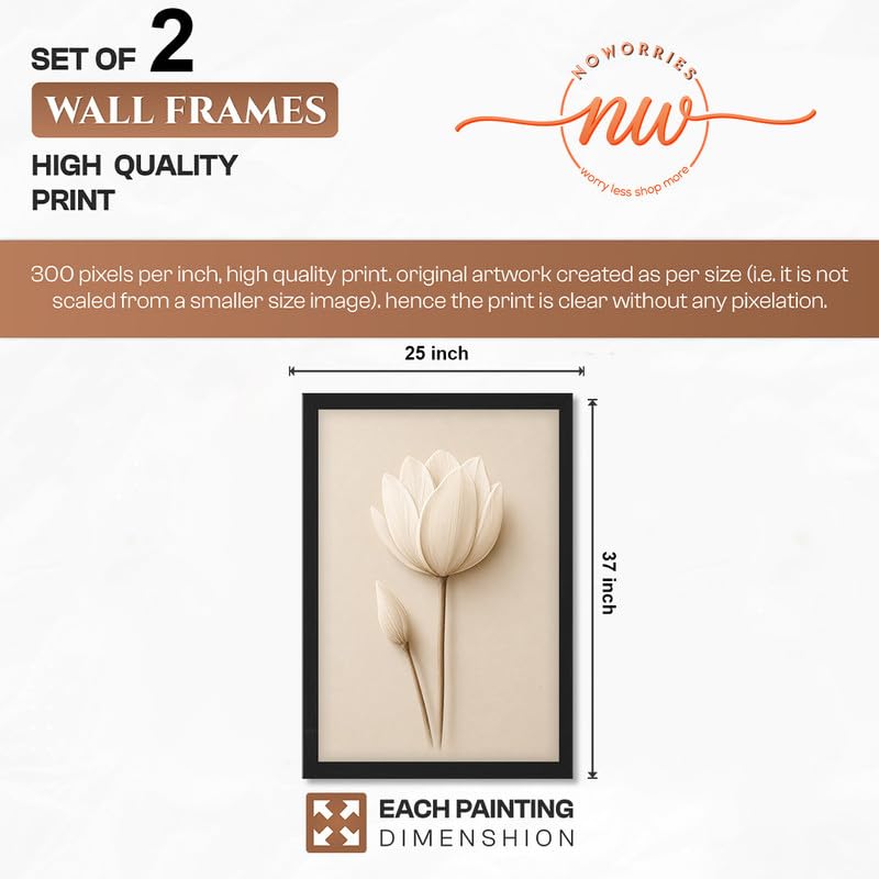 Image of NoWorries Minimal Lotus Flower Wall Painting Set of 2 with Frame | Soft White Floral & Vase Botanical Artwork, Neutral Beige Nature Wall Decor for Living Room, Bedroom, Office and Home Decoration (Art-15, 25x37inch)
