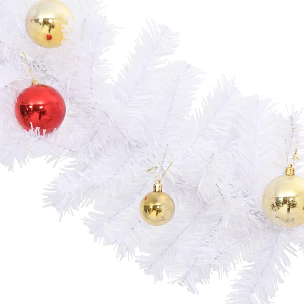 Weihnachtsgirlande Weiß mit Kugeln und Zweigen 10 m Länge, PVC wetterfest, für Innen und Außen, mit 32 roten und goldenen Kugeln, ideal zum Schmücken von Geländer, Kamin