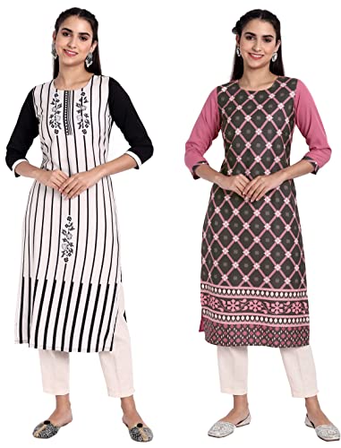 Image of 1 Stop Fashion Women's Crape Multicolor Digital Print Straight Kurta /Kurti (Pack of 2)