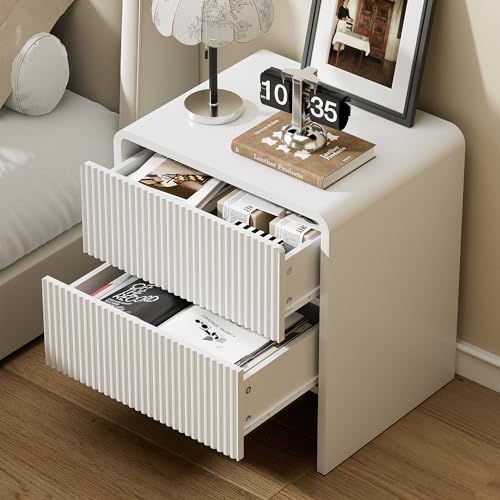 Image of Furniway Set of 2 Modern Curved Nightstand with 2 Drawers, Push-to-Open Wooden Bedside Table, Minimalist End Table for Bedroom, White