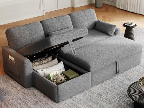 DWVO 86" Sectional Sofa Couch, 2 in 1 Sleeper Sofa Bed with Reversible Storage Chaise Pull Out Bed, L-Shape Sofa Bed for Living Room, Side Storage Pocket, Teddy Fleece, Grey