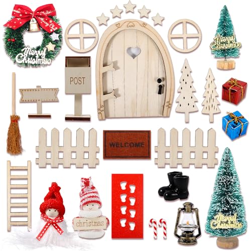DONGQI Kit Porte Lutin de Noël, 30 Pièces Miniature Lutin Farceur de Noel Accessoires avec Bottes, Couronne, Echelle, Portes en Bois, Fenêtres Kit de Noël pour
