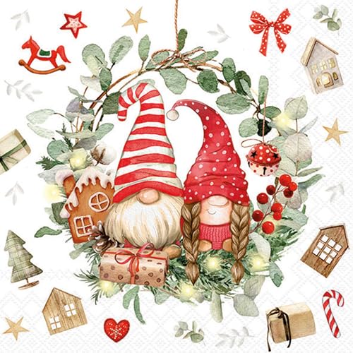 20 Servietten Weihnachten Gnome im Kranz als Tischdeko....