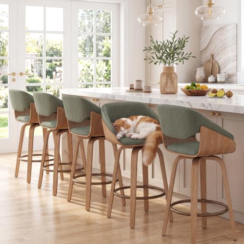 Image of HNY 26 inch Swivel Bar Stools Set of 5, Green Linen Counter Height Barstools | 360 Swivel Bar Height Stools, Barrel Backrest, Solid Wood Frame, Round Footrest, Counter Stools for Kitchen Island, Home Bar
